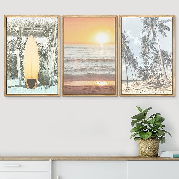 SIGNWIN Framed Canvas Print Wall Art Set Retro Sunset Hawaiian Surfboard Palm Trees Nature Wilderness Photography Modern Art Landscape Relax/Calm for Living Room, Bedroom, Office - 16"x24"x3 Natural