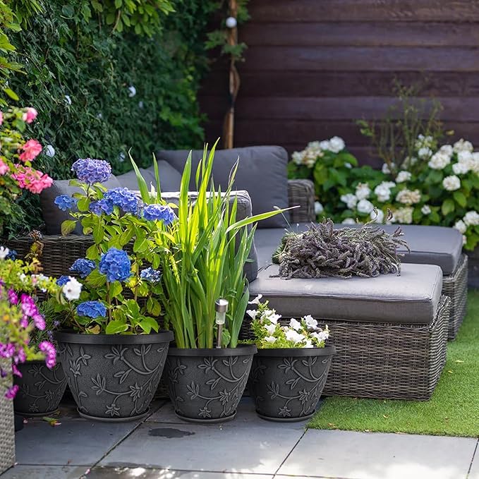 4 Pack 8 Inch Flower Pots for Outdoor Indoor, Plastic Plant Pots with Drainage Hole & Saucer, Lightweight Small Resin Flower Pot, Imitation Magnolia Pots for Garden House planters（Gray）