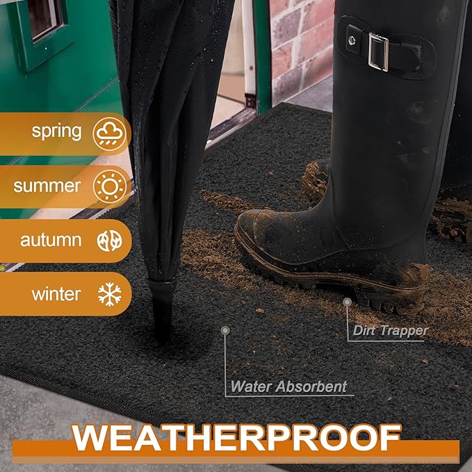 Mibao Dirt Trapper Door Mat for Indoor Outdoor, Waterproof All-Season, All-Weather Doormat, Heavy Duty Non-Slip Entrance Rug, Low Profile Absorbent Entrance Mat Carpet, 60" x 36", Black