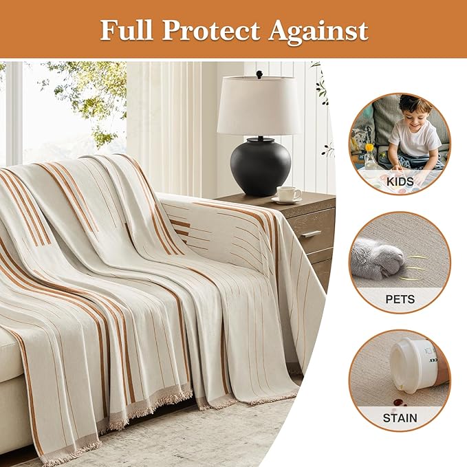 Boho Couch Cover Washable Sectional Couch Covers for Dogs Reversible Sofa Slipcover for 2 or 3 Cushion Couch Pet Friendly Furniture Protector (2# Orange, 91" x 134")