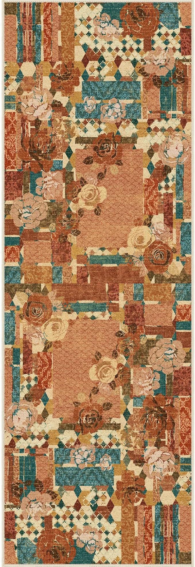 GENIMO Floral Runner Rug 2X6, Machine Washable Non Slip Vintage Patchwork Hallway Runner, Ultra-Thin Low Pile Runners for Indoor Entryway, Hallway, Kitchen and Corridor,Rose Red