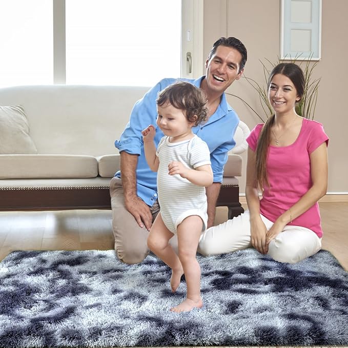 Fluffy Area Rugs for Bedroom：Grey Plush Area Rug 4x6 - Indoor Modern Shaggy Soft Carpet for Living Room Bedroom Kids Room Nursery (Tie-Dyed Dark Grey, 4x6 Feet)