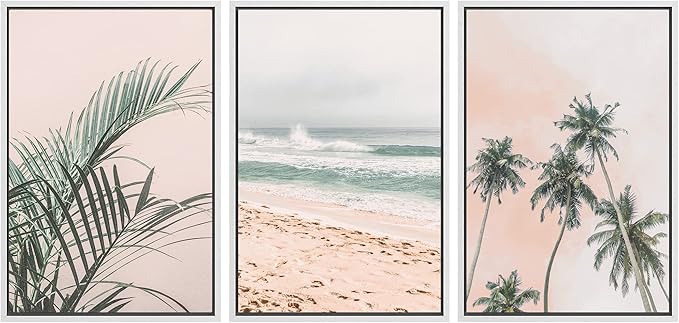 SIGNWIN Framed Canvas Print Wall Art Set Tropical Palm Leaf Beach Ocean Shore Landscape Nature Wilderness Photography Modern Art Realism Decorative for Living Room, Bedroom, Office - 16"x24"x3 White