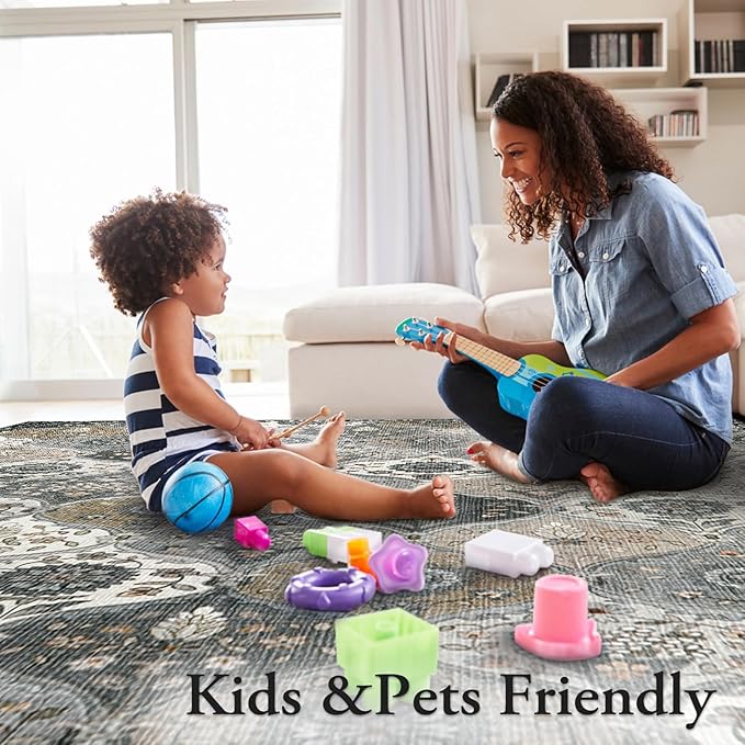 Lahome Moroccan Washable Area Rug 6x9, Ultra-Thin Large Living Room Rugs for Bedroom, Oriental Trellis Distressed Non Shedding Throw Carpet for Dining Room Office, Grey