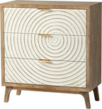 LONYKE Farmhouse 3 Drawer Dresser, White Nightstand with Handcrafted Wood Ring Motif for Bedroom, Rustic & Natural, Fully Assembled, Boho