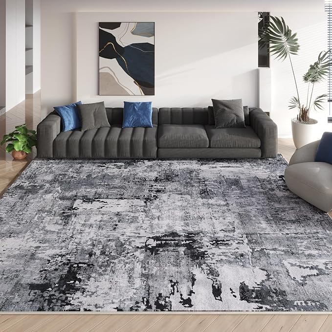 Rugcomf 8x10 Area Rug Washable Boho Rug Soft Non-Slip Non-Shedding Faux Wool Vintage Rug for Living Room, Farmhouse, Dining Room, Indoor, Kids Playroom, Grey and Black