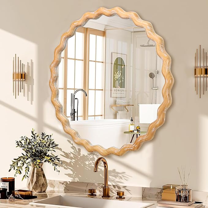 Wavy Mirror 27.5x27.5 Inch, Decorative Bathroom Mirror with Natural Wood Frame, Entry Way Mirrors for Wall, Shatterproof Glass, Mirrors for Wall Decor