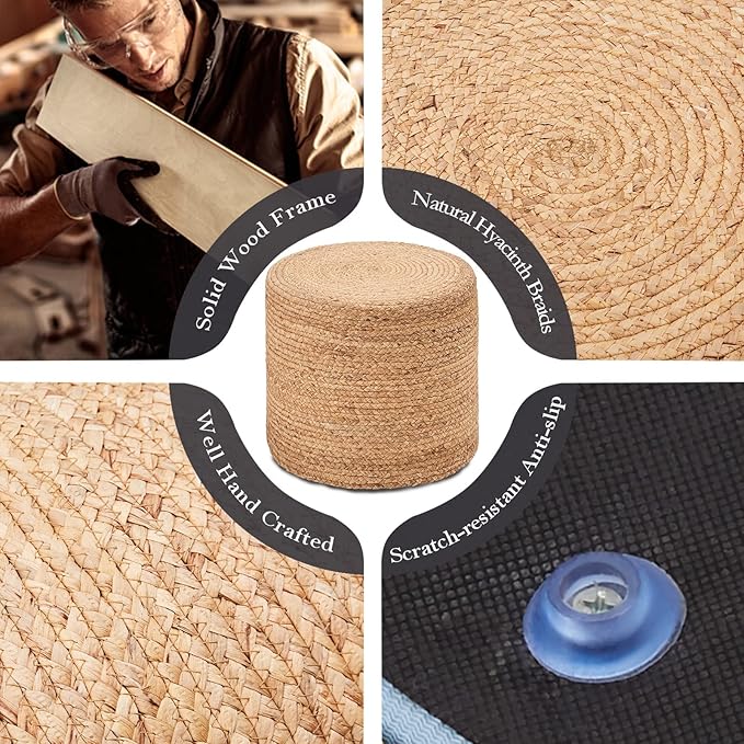 Wimarsbon 18'' Pouf Ottoman, Natural Braided Poof, Round Poufs, Rustic Handweave Lounge Pouffe, Boho Footrest Stool for Bedroom, Accent Table or Seat for Patio, Living Room
