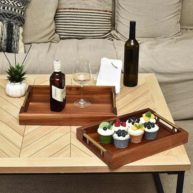Set of 2 Acacia Wood Serving Trays with Gold Metal Handles for Food Serving, Appetizers & Snacks - Ideal for Bed, TV, Ottoman or Coffee Table Décor, Home Decoration Accessory 15.75x11.8 Inch