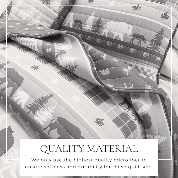 Rustic Cabin Full/Queen Size Quilt Set with Shams - All-Season, Lightweight, Reversible Bedspread - Lodge-Themed Summer Bedding Sets (Full/Queen, Rustic Landscape Grey)