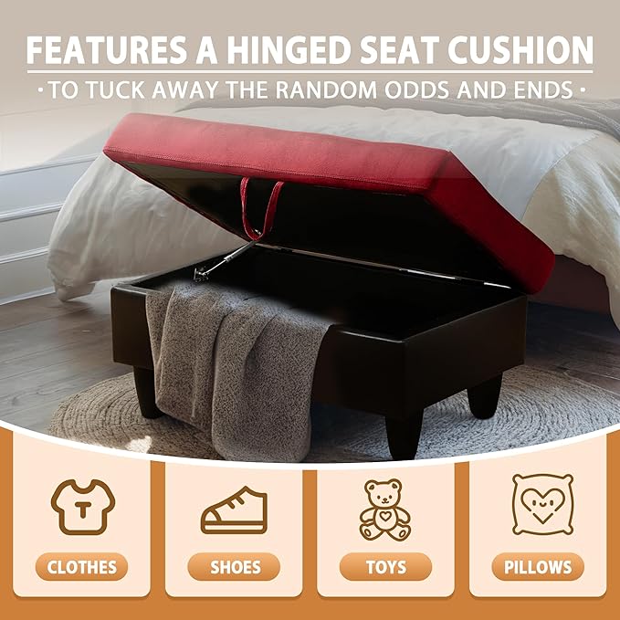 Ottoman Rectangular Storage Ottoman Bench, Flannel Footrest Stool Footstool with Lid for Living Room, Bedroom, Entryway, Red&Black, 35"x23.5"x17.5"