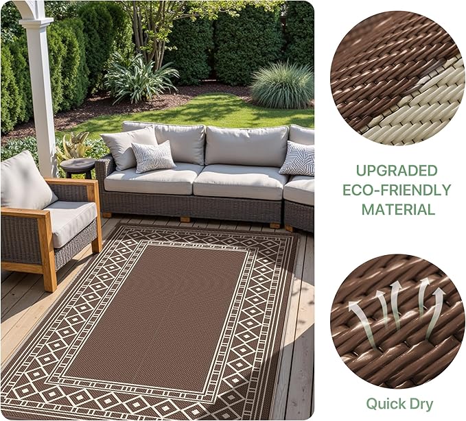 GENIMO Outdoor Rug Waterproof for Patio Decor, 6'x9' Foldable Reversible Plastic Straw Carpet for Travel Trailers, Outside Area Mat for Rv, Deck, Picnic, Porch, Camper, Balcony, Beach, Coffee & Beige