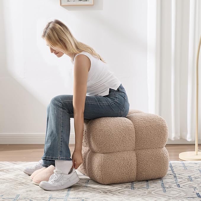 Zesthouse Square Pouf Ottoman, Modern Ottoman Coffee Table for Living Room, Fuzzy Sherpa Stool Foot Rest, Upholstered Tufted Stool for Couch, Tan