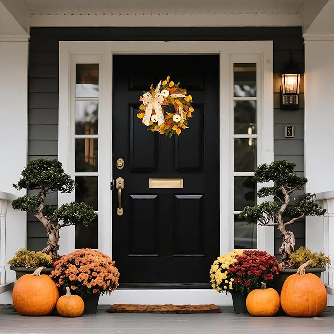 CYANBLOOM Fall Wreaths for Front Door: Rustic 20-22 Inch Bow Wreath with Golden Eucalyptus, White Pumpkins & Wheat - Lovely Warm Vibes Outdoor Indoor Farmhouse Decor for Halloween Thanksgiving Autumn