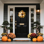 CYANBLOOM Fall Wreaths for Front Door: Rustic 20-22 Inch Bow Wreath with Golden Eucalyptus, White Pumpkins & Wheat - Lovely Warm Vibes Outdoor Indoor Farmhouse Decor for Halloween Thanksgiving Autumn
