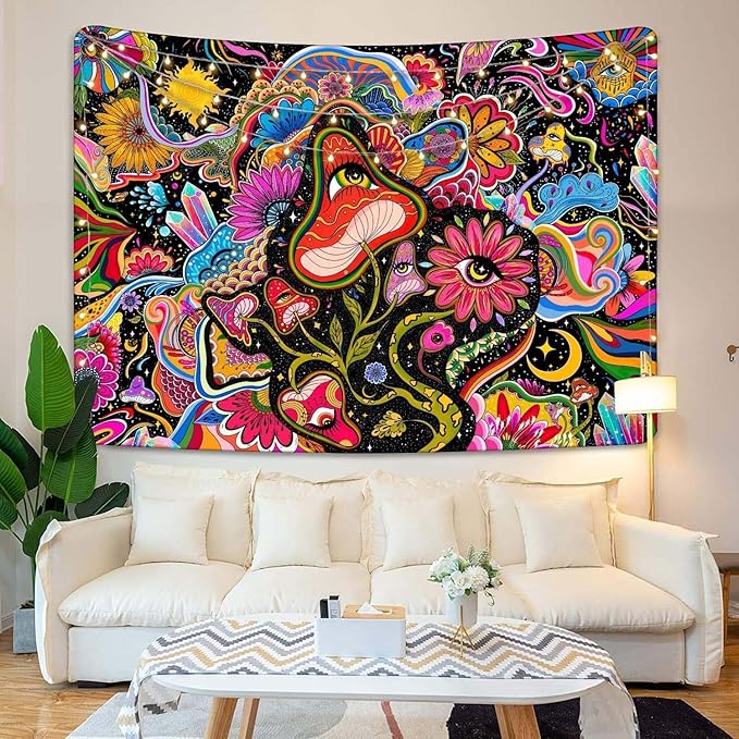 Lunerfex Mushroom Tapestry Pink Flowers Tapestry for Bedroom Aesthetic Tapestries Cute Floral Tapestries Wall Hanging for Bedroom and Living Room Decor Pink Flowers 70×90 Inches