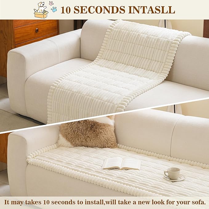 MYSKY HOME Couch Covers for 3 Cushion Sofa Pet Friendly, Couch Cover for Dogs, Sofa Covers for Pets Washable, Soft Non-Slip Sofa Slipcovers Furniture Protector Covers, Cream, 27.6" x 70.9"