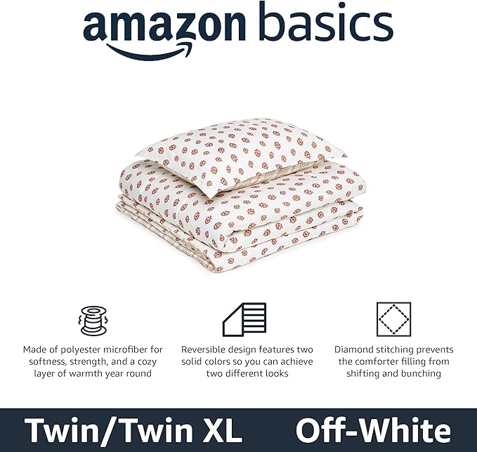 Amazon Basics Lightweight Microfiber Comforter Sets, 2-Pieces, Off White, Floral, Twin/Twin XL