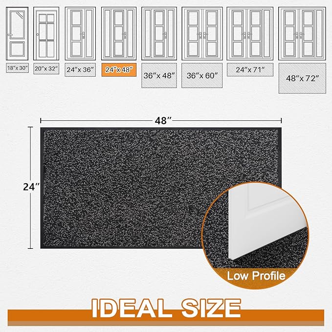 Mibao Front Door Mat, Dirt Trapper Welcome Mat for Outdoor Indoor, Non-Slip Waterproof Doormat, Durable Machine Washable Low Profile Entry Rug for Back Door Outside Patio Porch, 48" x 24", Black