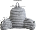 Faux Fur Fluffy Gray Reading Pillow with Pockets, Luxury Striped Plush Decorative, Arm Rests and Back Surport for Bed Rest, Lounging on sofa, Standard