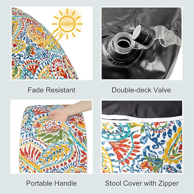 LVTXIII Indoor/Outdoor Inflatable Ottoman, D31 x H14 Inch Large Round Ottoman, All Weather Foot Rest Stool, Portable Footrest for Patio, Garden, Camping and Home - Paisley Multi