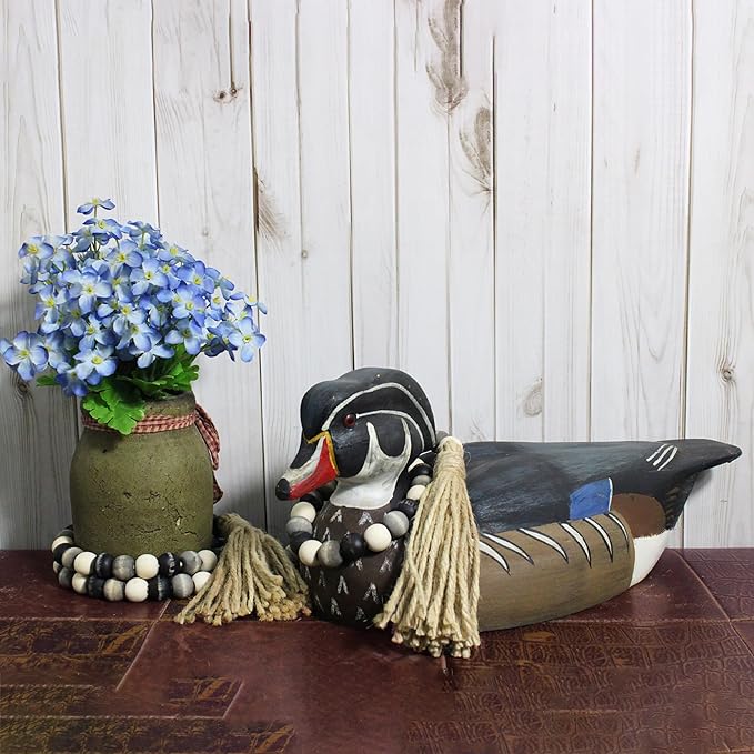 CVHOMEDECO. Wood Beads Garland with Tassels Farmhouse Rustic Wooden Prayer Bead String Wall Hanging Accent for Home Festival Decor. Black Grey Mix Distressed