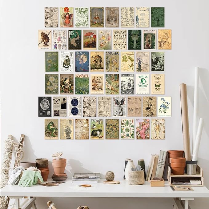 KBKBART Vintage Fairycore Decor Aesthetic Pictures, 50 Pcs Fairycore Room Decor, Retro Cottagecore Earthy Wall Art Vintage Fairy Posters Wall Collage Kit for Dorm Bedroom (4"x6")
