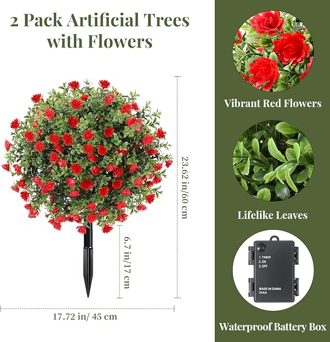 Lewondr Artificial Red Flowers Boxwood Topiary Ball with LED Lights,23.6'' Artificial Shrub Bushes with Ground Spike,UV Resistant Faux Greenery Shrubs,Fake Plants for Indoor Outdoor Garden Patio Decor