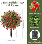 Lewondr Artificial Red Flowers Boxwood Topiary Ball with LED Lights,23.6'' Artificial Shrub Bushes with Ground Spike,UV Resistant Faux Greenery Shrubs,Fake Plants for Indoor Outdoor Garden Patio Decor