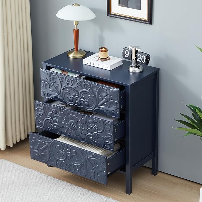 3 Drawer Flower Motif Dresser, Accent Dresser Chest with 3 Drawers, Luxury Nightstands Set of 2 for Bedroom, Small Wide Nightstand for Living Room, Bedroom, Entryway (2, Gray Blue)