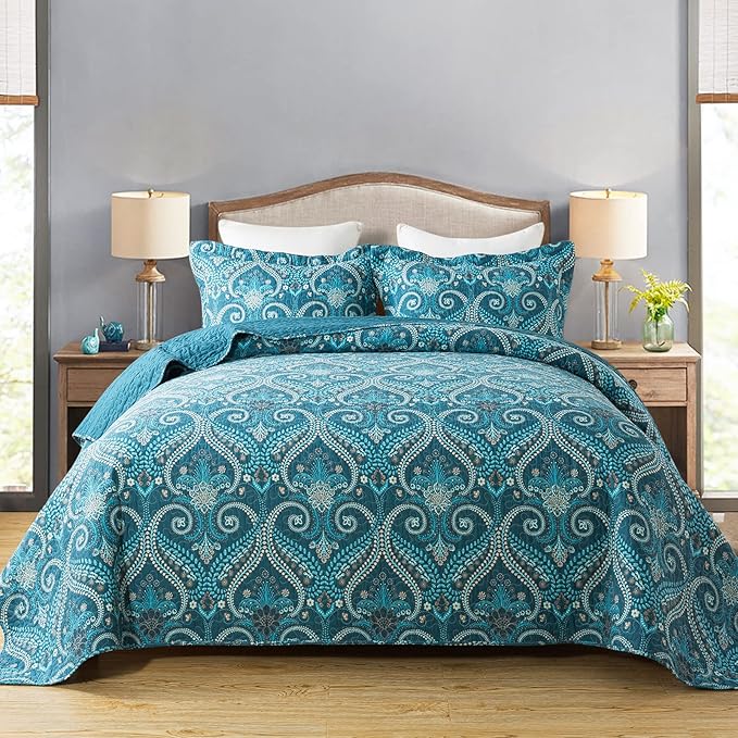 Travan 3-Piece Cotton Quilt Set Quilted Bedding Set for All Season, Cyan Blue Flower, King Size