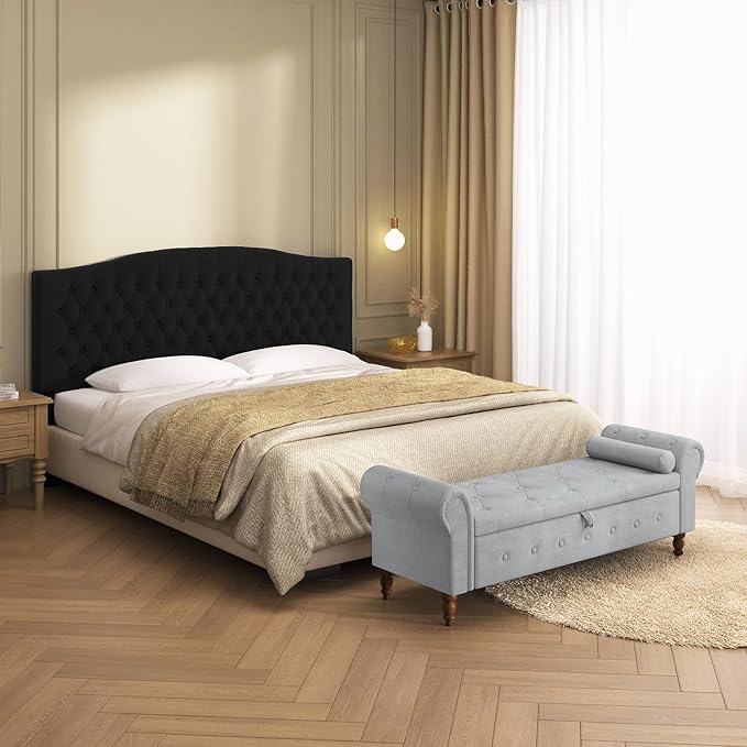 Storage Ottoman Bench for Bedroom, 63" End of Bed Bench with Rolled Arms Upholstered Ottoman Bench Fit for Bedroom, Living Room, Entryway, Velvet Light Gray