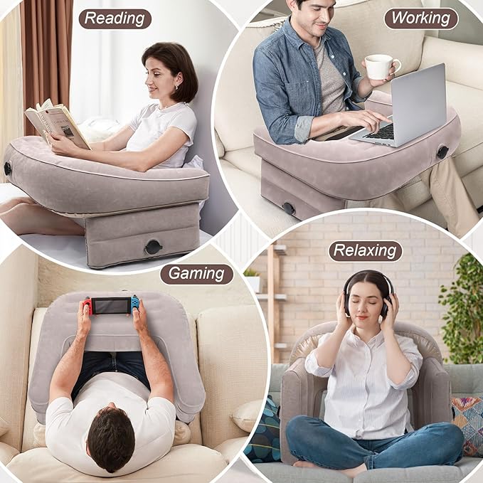Inflatable Reading Pillow for Gaming, Lap Desk Pillow for Adult, Adjustable Gaming Pillow for Lap, Large Arm Rest Lap Pillow for Reading, Working, Playing