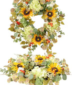 20IN Sunflower Wreath for Front Door Summer Hydrangea Wreath with Eucalyptus Leaves Orange Berries Farmhouse Door Decor for Easter, Mother’s Day, Indoor Outdoor Seasonal Wall Hanging