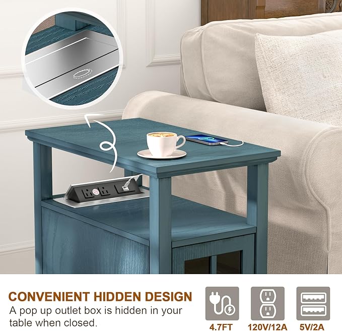 HIFYOBRO End Table with Hidden Charging Station, Narrow Side Table with Storage, Nightstand for Small Spaces with USB Ports & Power Outlets Bedside Table