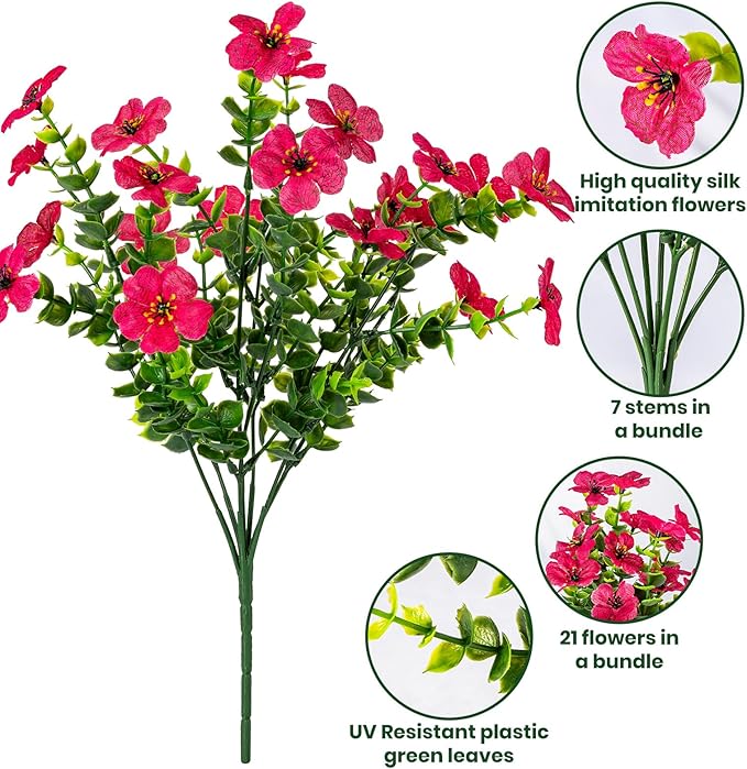20 Bundles Artificial Flowers for Outdoor Fake Plants for Spring Decoration,Faux Eucalyptus Flowers for Planter UV Resistant Lifelike for Home Porch Garden（Rose Red）