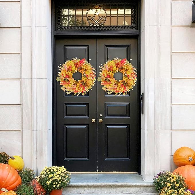 Fall Wreath for Front Door,24" Autumn Front Door Wreath Fall Decorations with Pumpkins Hydrangea Maple Leaves for Porch Window Farmhouse Halloween Thanksgiving Harvest Festival Home Decor