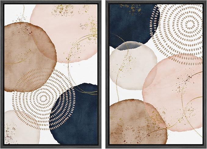 SIGNFORD Framed Wall Art Print Set Pastel Watercolor Vibrant Circle Collage Abstract Shapes Illustrations Modern Minimalist Relax/Calm Multicolor for Living Room, Bedroom, Office - 24"x36"x2 Black