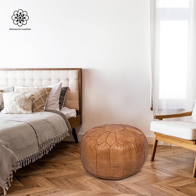 Moroccan Leather Handmade Pouf Ottoman Cover – Unstuffed Foot Stool, Boho Foot Rest for Living Room, Bedroom – Gift for Housewarming or Weddings