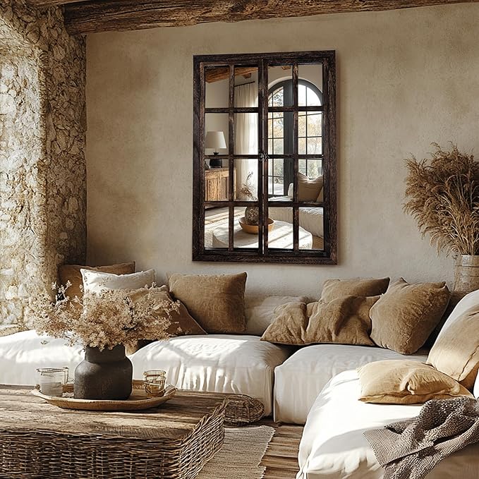 Wall Mirror with Window Design, 38"x26" Rustic Farmhouse Wood Mirror for Wall Decor, Decorative Vintage Mirror for Living Room, Bedroom, Entryway