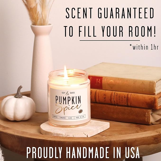 Pumpkin Spice Candle, Fall Candles - 'Pumpkin Spice' Pumpkin Candle I Infused w/Essential Oils I Autumn Scented Soy Candles for Home I Fall Home Décor I 9oz Reusable Jar, 50Hr Burn, Made in USA