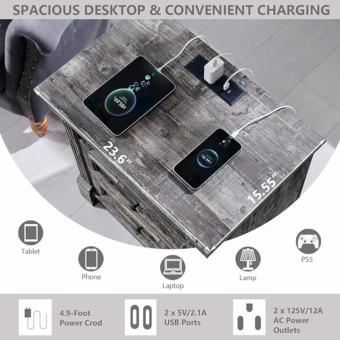 26" Tall 2 Drawers Dresser for Bedroom, Farmhouse 23.6" Wide Large Nightstand with Charging Station, Wood Rustic Side Table w/Roman Column, End Table for Bedroom, Living Room, Light Grey