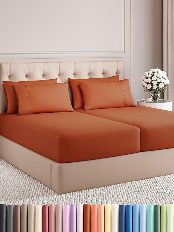 Split King Sheets Set 7 Piece - Includes 4 Pillowcases - Bed Sheets Split King - Soft Hotel Luxury Bedding - Cooling and Breathable - 1 Flat & 2 Fitted & 4 Pillowcases w/ Deep Pockets - Terracotta