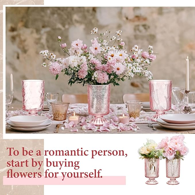 6 Pcs (H:7" W:4") Embossed Flower Vase Fall Pedestal Glass Vase Big Base Thickened Crystal Vintage Vases for Autumn Wedding Home Decor Table Centerpiece House Warming Gifts(Pink)