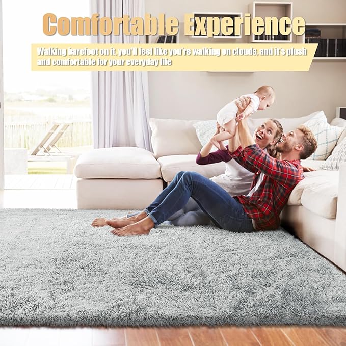 Ultra Soft Fluffy Area Rugs for Bedroom Living Room 10x14, Nursery Rug, Non-Slip Carpet for Kids Dorms Decor, Shaggy Bedside Rug, Light Grey