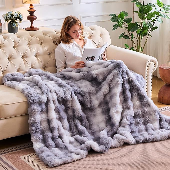Lotus Karen Faux Fur Blanket - Tie-Dye Gray Twin Size, Big Bubble Rabbit Fluff, Thick Furry Plush Shaggy Blanket for Men, 60x80 Inches