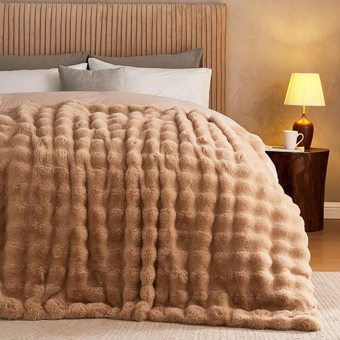 Lotus Karen Queen Size Faux Fur Blanket Khaki - Big Bubble Rabbit Fluff Blanket for Bed, Large Fluffy Fuzzy Cozy Blanket, Thick Furry Plush Shaggy Blankets, 90x90 Inches