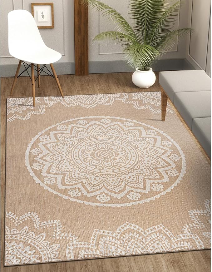 CAMILSON Outdoor Rug 6x9 Modern Area Rugs for Indoor and Outdoor Patios and Porches - Waterproof, Washable, Non-Shedding, Easy-to-Clean Outside Carpet (6 x 9, Medallion - Beige/White)