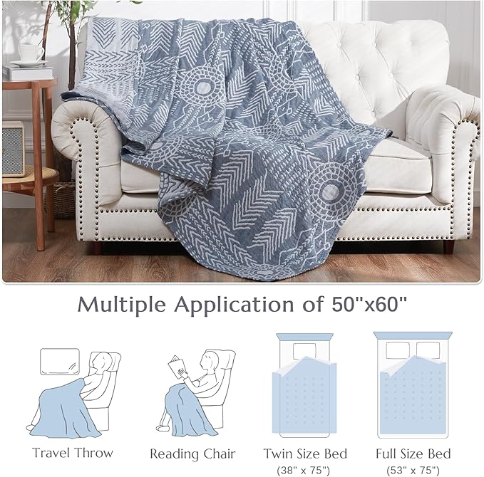 jinchan Boho 100% Cotton Muslin 50x60 Throw Blanket Lightweight 3-Layer Blue Blanket Washable Reversible Breathable Decorative Geometric Striped Patterned Soft Cozy for Sofa Bed All Season Gift