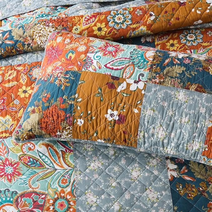 Cotton Bedspread Quilt Sets Reversible Bedding Coverlet Sets 3 Pieces Paisley Vintage Floral Yellow Blue Patchwork Bedspread, King Size